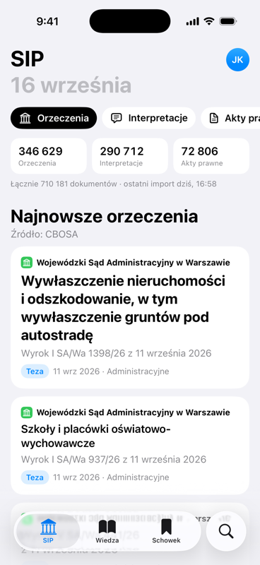 Ekran startowy aplikacji SIP na iPhonie: liczniki orzeczeń, interpretacji i aktów prawnych oraz najnowsze orzeczenia.