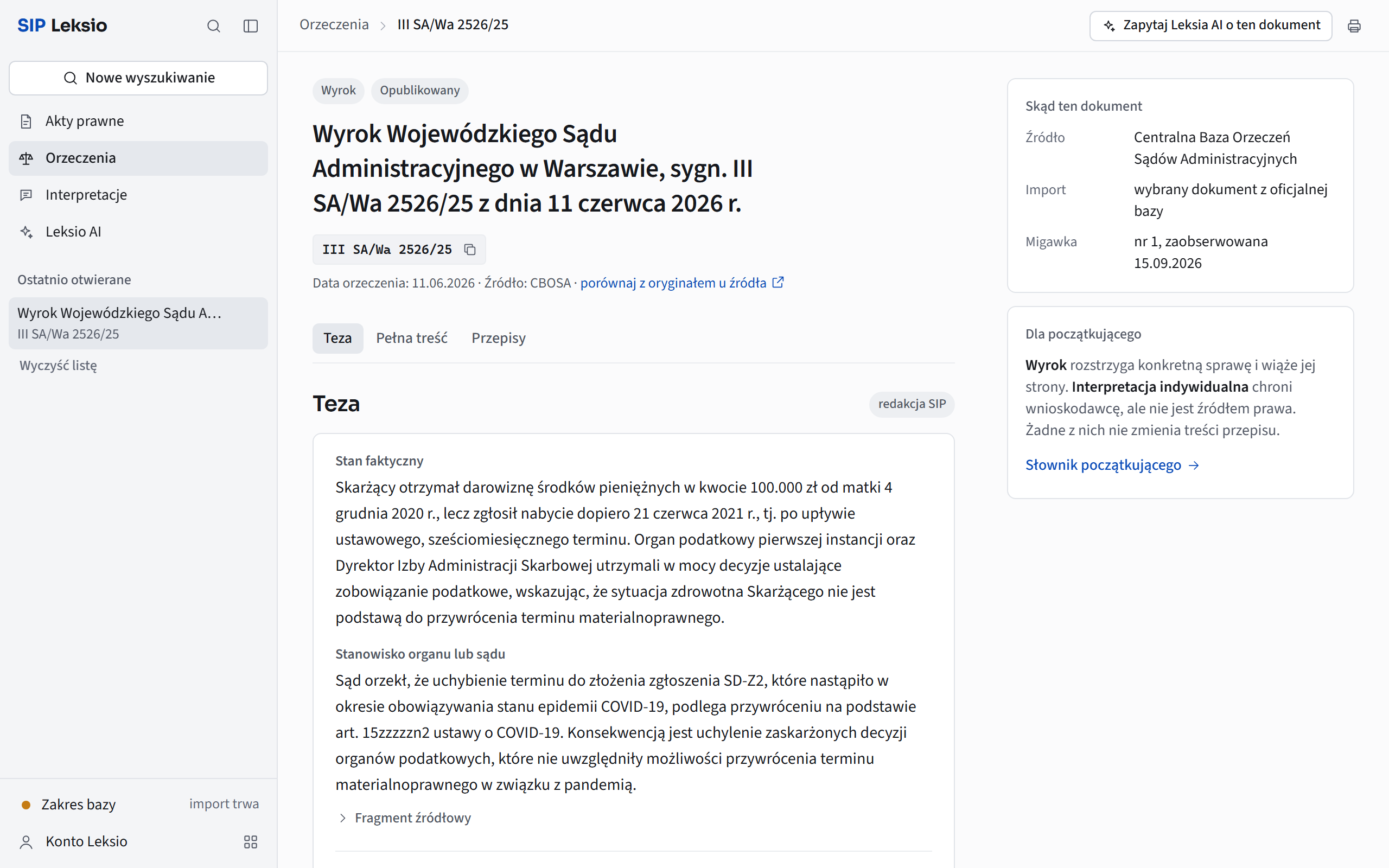 Czytnik SIP w przeglądarce: wyrok Wojewódzkiego Sądu Administracyjnego w Warszawie III SA/Wa 2526/25 z tezą o przywróceniu terminu na zgłoszenie darowizny.